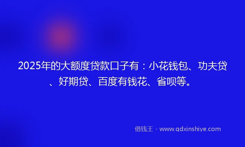 2025年的大额度贷款口子有：小花钱包、功夫贷、好期贷、百度有钱花、省呗等。