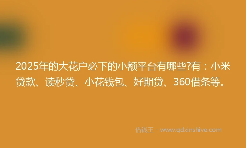 2025年的大花户必下的小额平台有哪些?有：小米贷款、读秒贷、小花钱包、好期贷、360借条等。