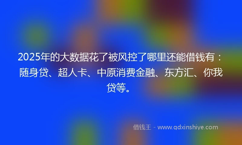 2025年的大数据花了被风控了哪里还能借钱有：随身贷、超人卡、中原消费金融、东方汇、你我贷等。