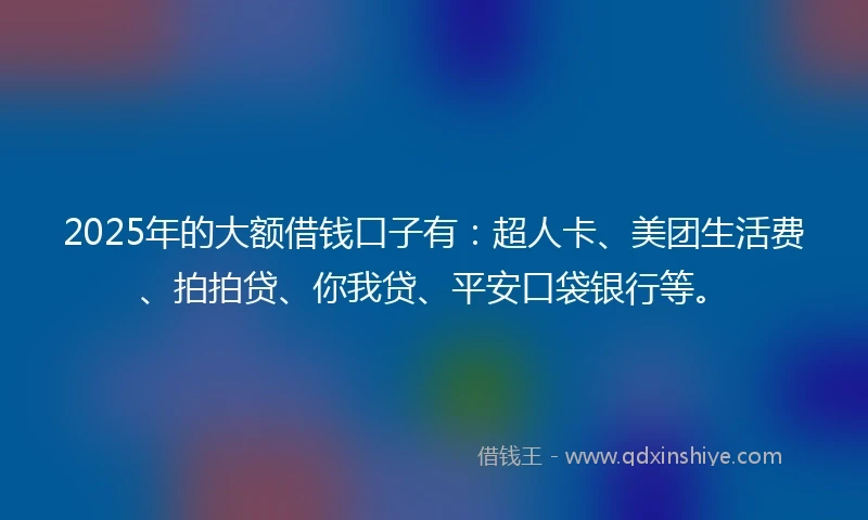2025年的大额借钱口子有：超人卡、美团生活费、拍拍贷、你我贷、平安口袋银行等。