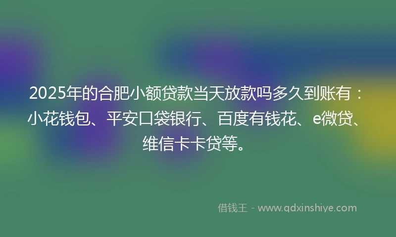 2025年的合肥小额贷款当天放款吗多久到账有：小花钱包、平安口袋银行、百度有钱花、e微贷、维信卡卡贷等。