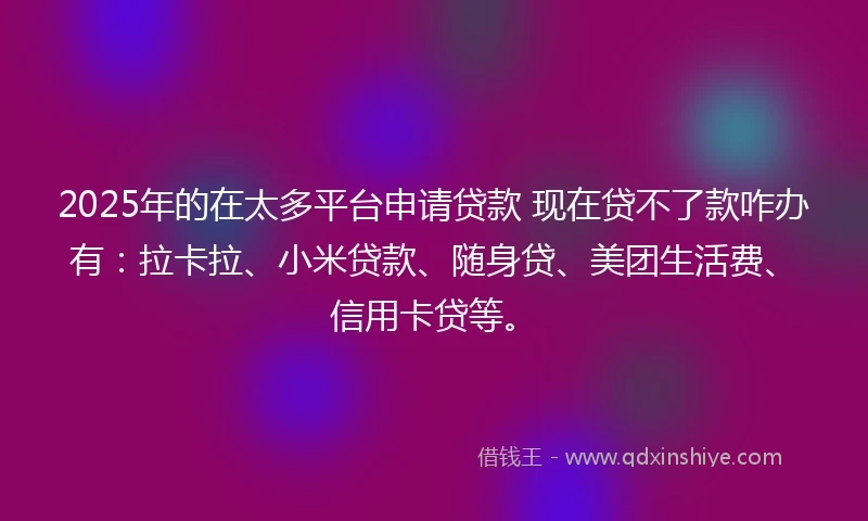 2025年的在太多平台申请贷款 现在贷不了款咋办有:拉卡拉、小米贷款、随身贷、美团生活费、信用卡贷等。