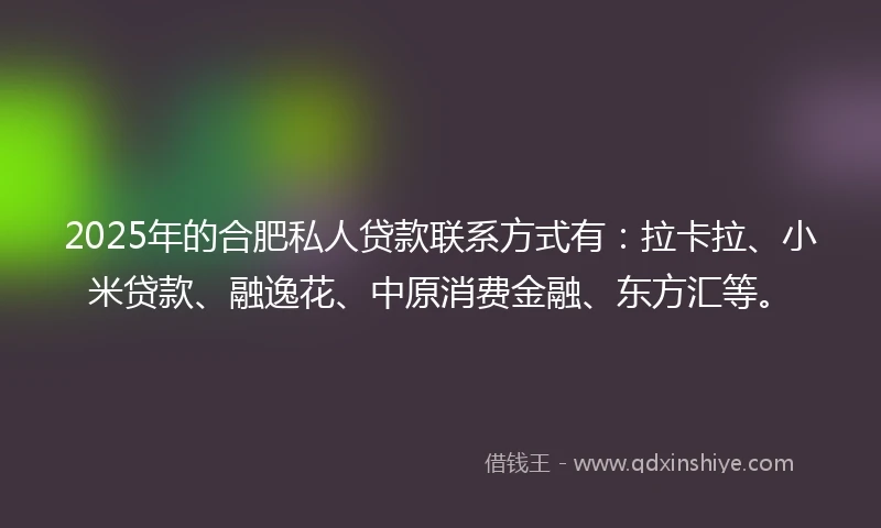 2025年的合肥私人贷款联系方式有：拉卡拉、小米贷款、融逸花、中原消费金融、东方汇等。
