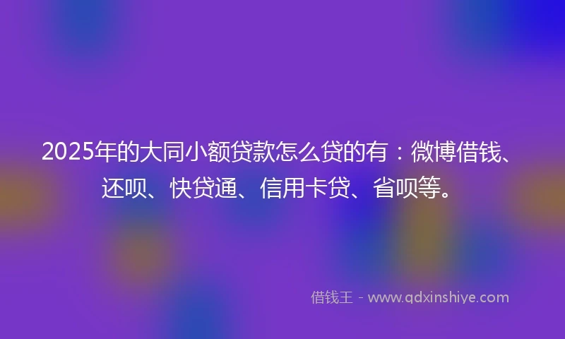 2025年的大同小额贷款怎么贷的有：微博借钱、还呗、快贷通、信用卡贷、省呗等。