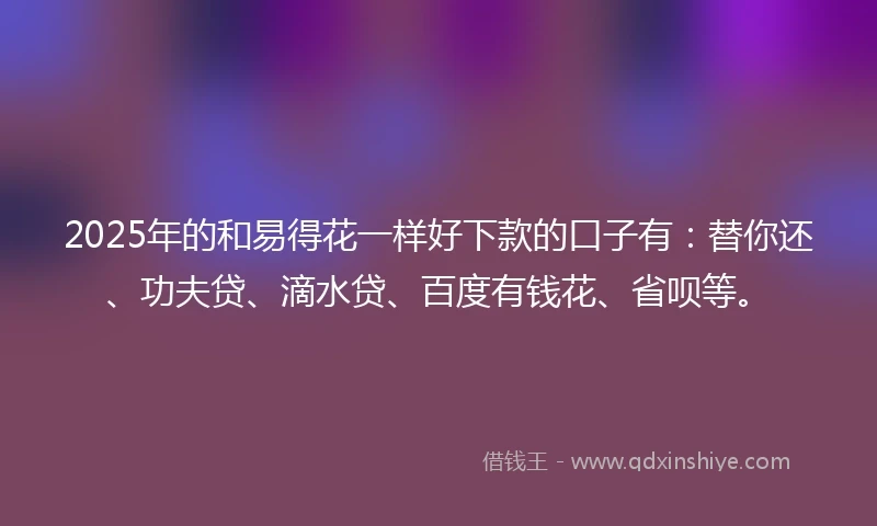 2025年的和易得花一样好下款的口子有：替你还、功夫贷、滴水贷、百度有钱花、省呗等。