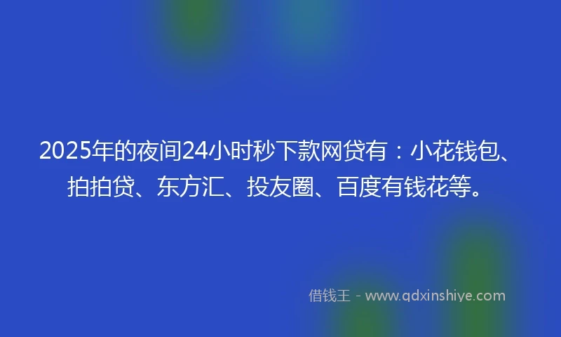 2025年的夜间24小时秒下款网贷有：小花钱包、拍拍贷、东方汇、投友圈、百度有钱花等。