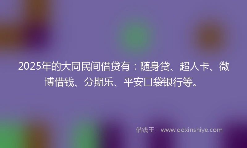 2025年的大同民间借贷有：随身贷、超人卡、微博借钱、分期乐、平安口袋银行等。