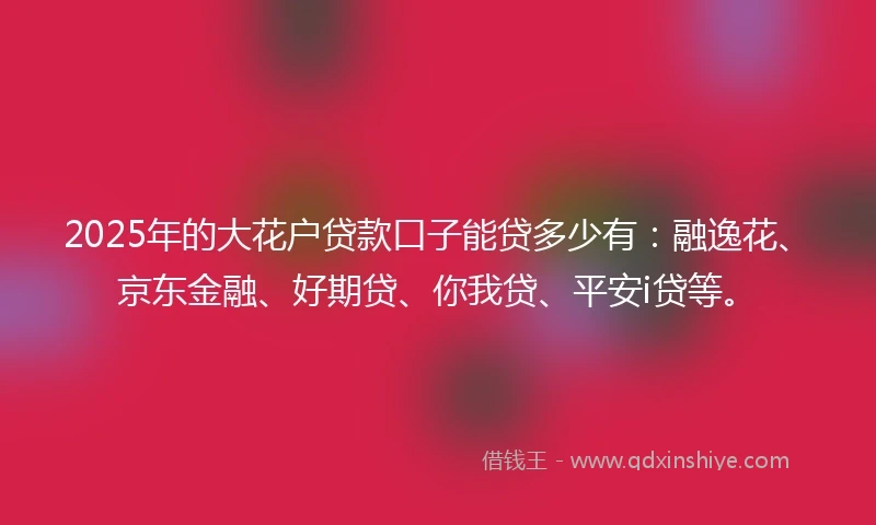 2025年的大花户贷款口子能贷多少有：融逸花、京东金融、好期贷、你我贷、平安i贷等。