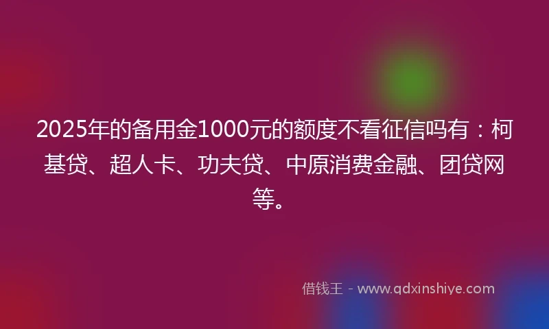 2025年的备用金1000元的额度不看征信吗有：柯基贷、超人卡、功夫贷、中原消费金融、团贷网等。