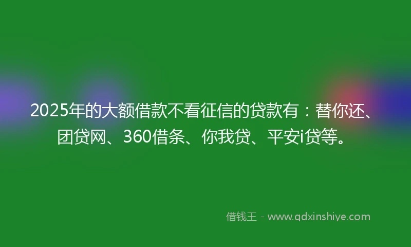 2025年的大额借款不看征信的贷款有：替你还、团贷网、360借条、你我贷、平安i贷等。
