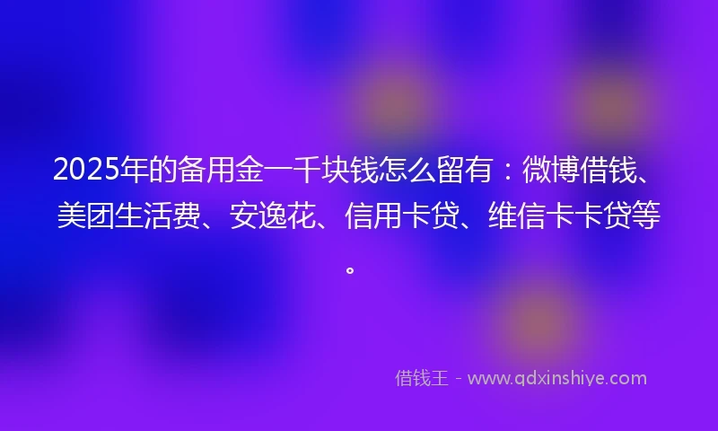 2025年的备用金一千块钱怎么留有：微博借钱、美团生活费、安逸花、信用卡贷、维信卡卡贷等。