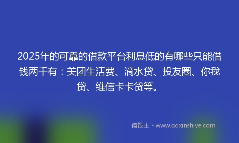 2025年的可靠的借款平台利息低的有哪些只能借钱两千有：美团生活费、滴水贷、投友圈、你我贷、维信卡卡贷等。