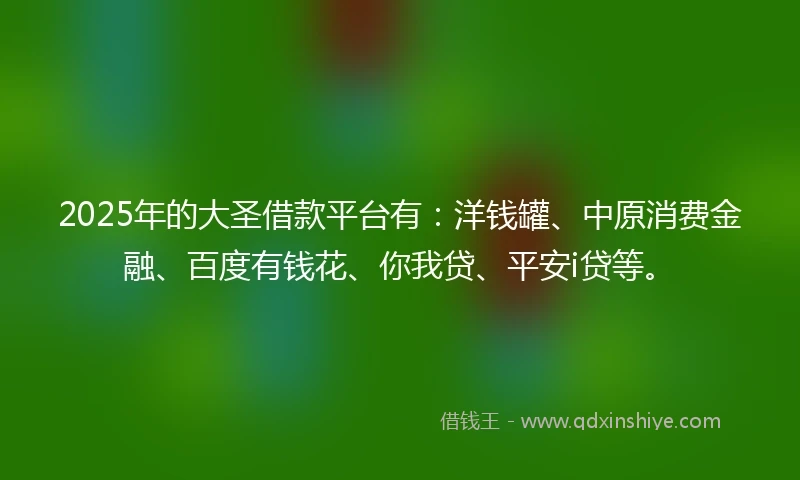 2025年的大圣借款平台有：洋钱罐、中原消费金融、百度有钱花、你我贷、平安i贷等。