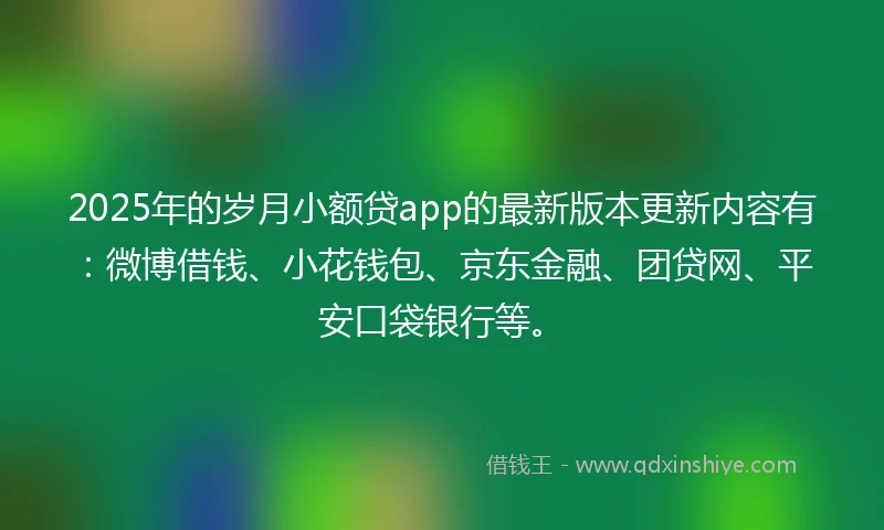 2025年的岁月小额贷app的最新版本更新内容有：微博借钱、小花钱包、京东金融、团贷网、平安口袋银行等。
