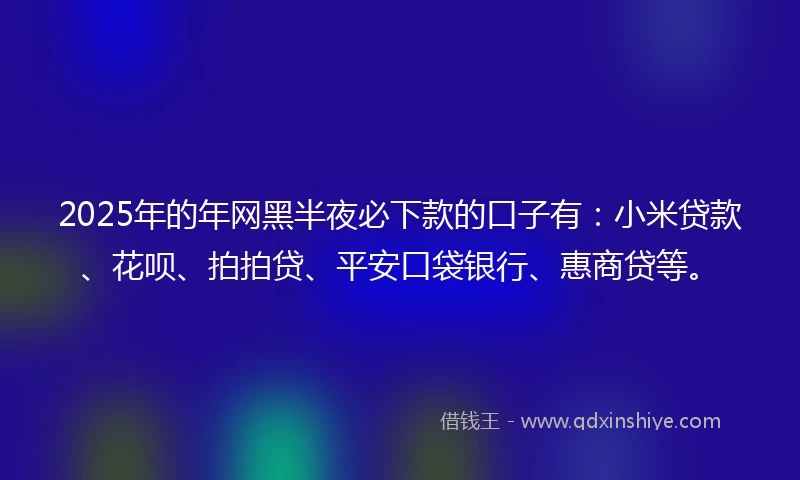 2025年的年网黑半夜必下款的口子有：小米贷款、花呗、拍拍贷、平安口袋银行、惠商贷等。