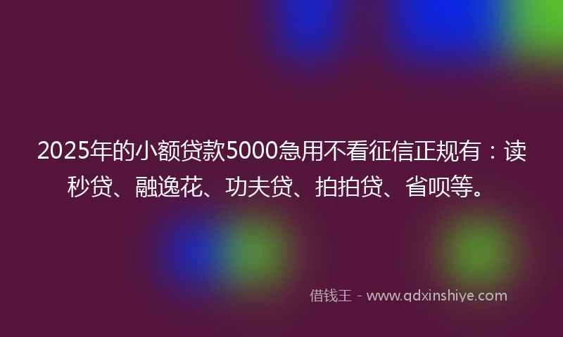 2025年的小额贷款5000急用不看征信正规有：读秒贷、融逸花、功夫贷、拍拍贷、省呗等。