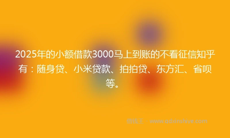2025年的小额借款3000马上到账的不看征信知乎有：随身贷、小米贷款、拍拍贷、东方汇、省呗等。