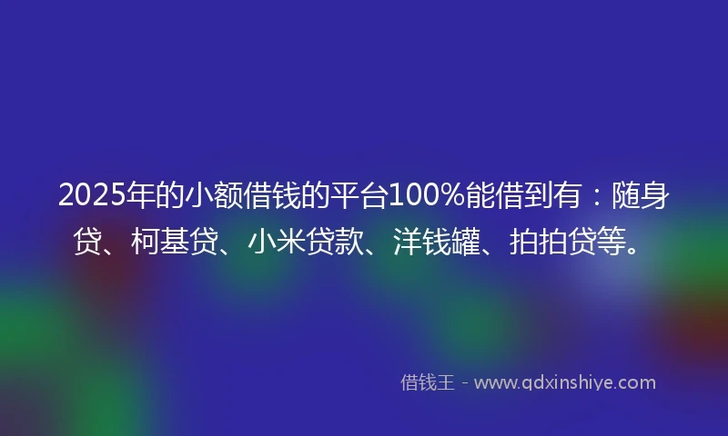 2025年的小额借钱的平台100%能借到有：随身贷、柯基贷、小米贷款、洋钱罐、拍拍贷等。