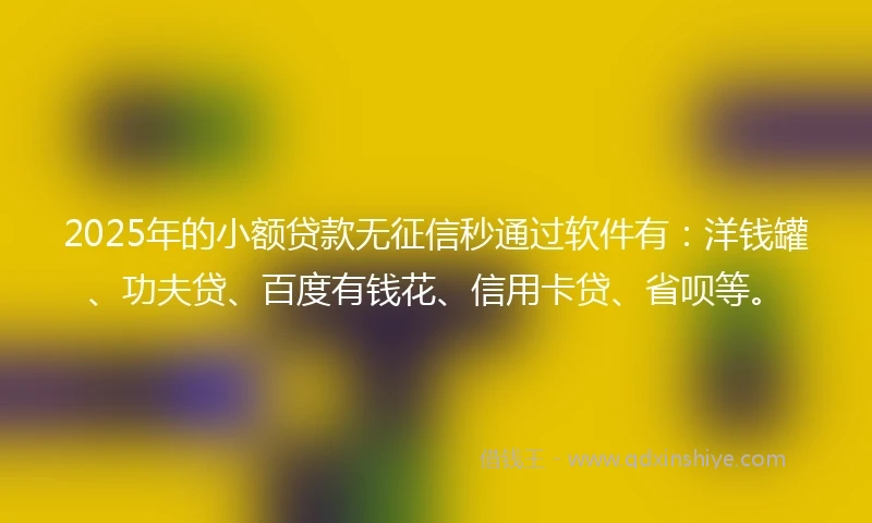 2025年的小额贷款无征信秒通过软件有：洋钱罐、功夫贷、百度有钱花、信用卡贷、省呗等。