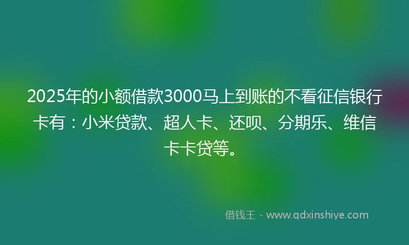 2025年的小额借款3000马上到账的不看征信银行卡有：小米贷款、超人卡、还呗、分期乐、维信卡卡贷等。