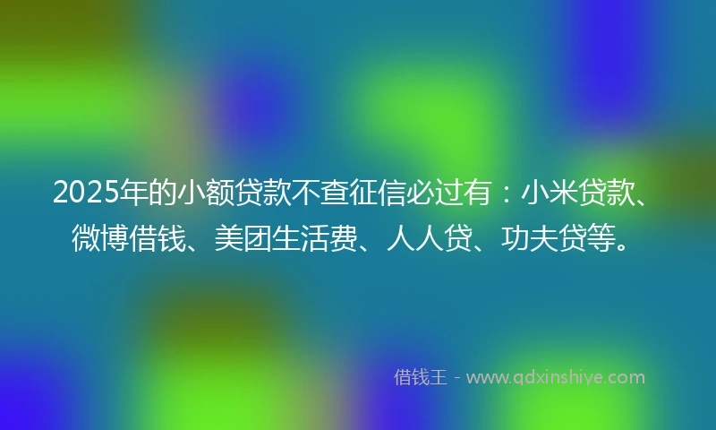 2025年的小额贷款不查征信必过有：小米贷款、微博借钱、美团生活费、人人贷、功夫贷等。