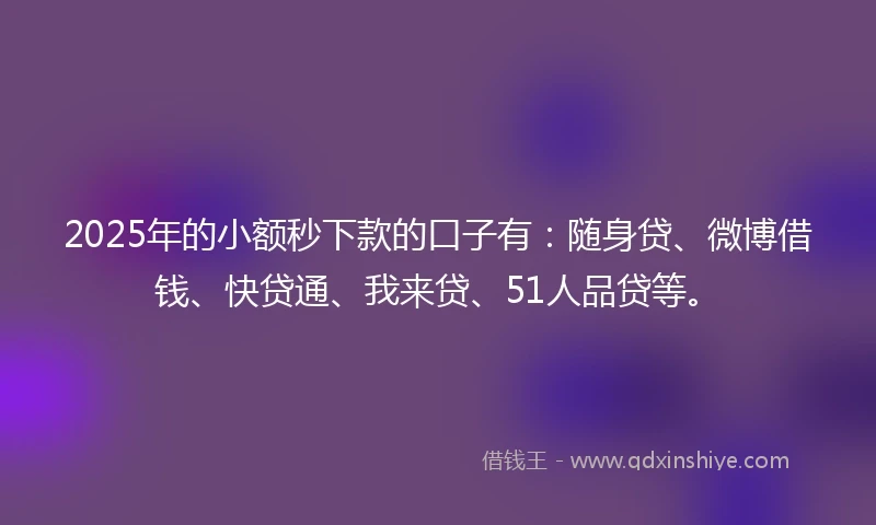 2025年的小额秒下款的口子有：随身贷、微博借钱、快贷通、我来贷、51人品贷等。