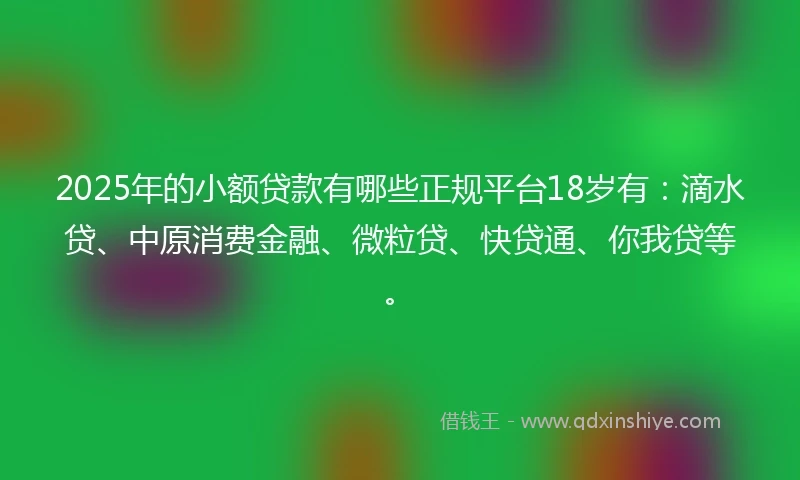 2025年的小额贷款有哪些正规平台18岁有：滴水贷、中原消费金融、微粒贷、快贷通、你我贷等。