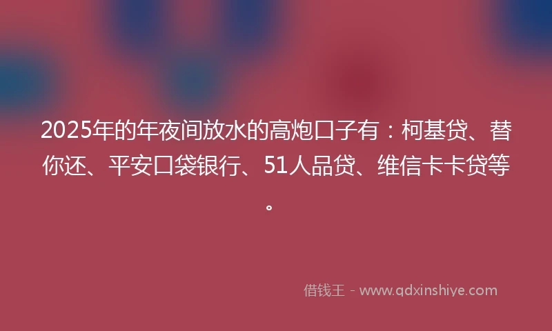 2025年的年夜间放水的高炮口子有：柯基贷、替你还、平安口袋银行、51人品贷、维信卡卡贷等。