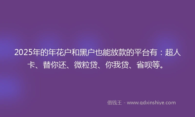 2025年的年花户和黑户也能放款的平台有：超人卡、替你还、微粒贷、你我贷、省呗等。