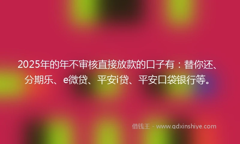 2025年的年不审核直接放款的口子有：替你还、分期乐、e微贷、平安i贷、平安口袋银行等。
