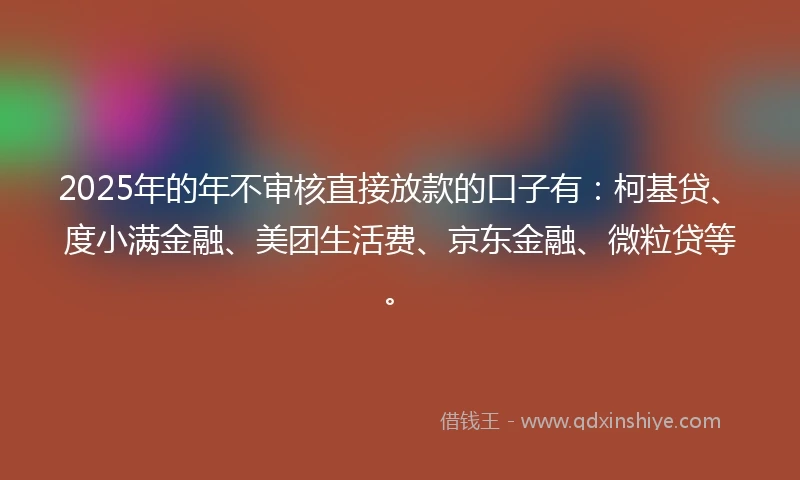2025年的年不审核直接放款的口子有：柯基贷、度小满金融、美团生活费、京东金融、微粒贷等。