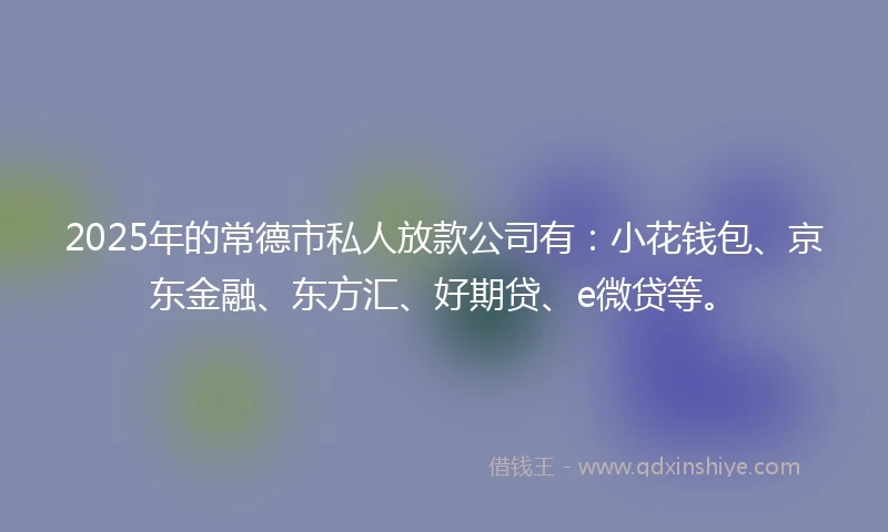2025年的常德市私人放款公司有：小花钱包、京东金融、东方汇、好期贷、e微贷等。