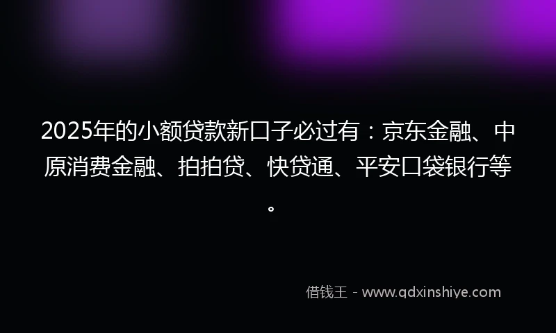 2025年的小额贷款新口子必过有：京东金融、中原消费金融、拍拍贷、快贷通、平安口袋银行等。