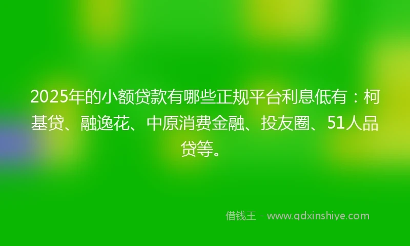 2025年的小额贷款有哪些正规平台利息低有：柯基贷、融逸花、中原消费金融、投友圈、51人品贷等。