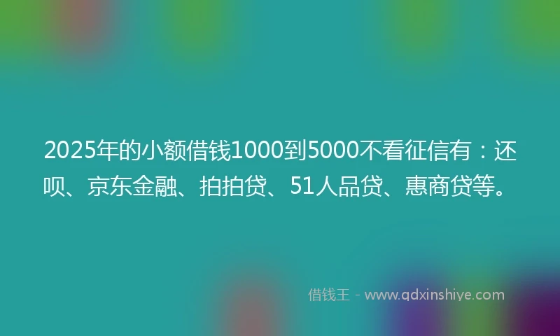 2025年的小额借钱1000到5000不看征信有：还呗、京东金融、拍拍贷、51人品贷、惠商贷等。