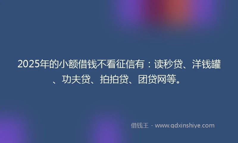2025年的小额借钱不看征信有：读秒贷、洋钱罐、功夫贷、拍拍贷、团贷网等。