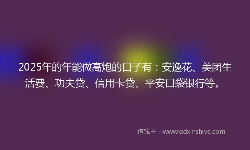 2025年的年能做高炮的口子有：安逸花、美团生活费、功夫贷、信用卡贷、平安口袋银行等。