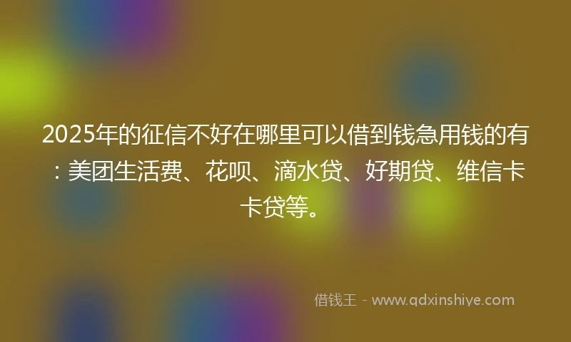 2025年的征信不好在哪里可以借到钱急用钱的有：美团生活费、花呗、滴水贷、好期贷、维信卡卡贷等。