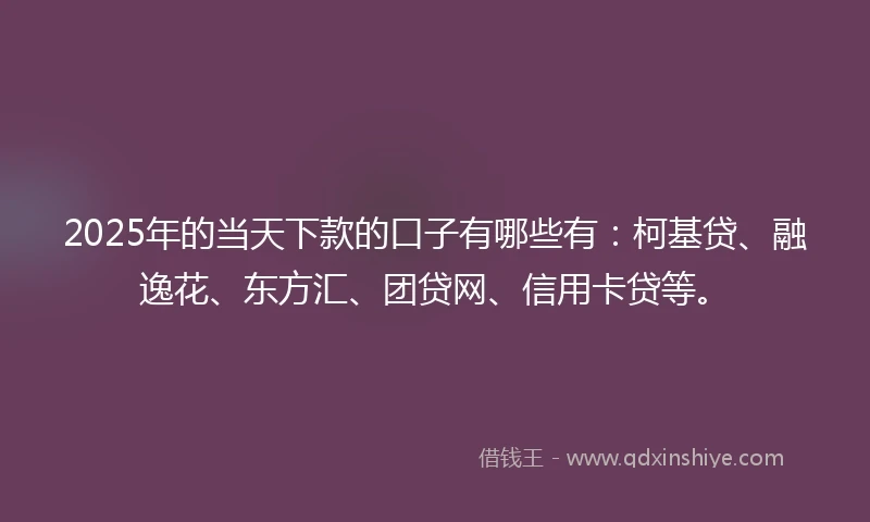 2025年的当天下款的口子有哪些有：柯基贷、融逸花、东方汇、团贷网、信用卡贷等。