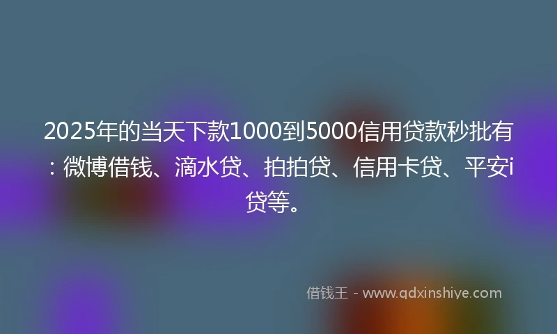 2025年的当天下款1000到5000信用贷款秒批有：微博借钱、滴水贷、拍拍贷、信用卡贷、平安i贷等。