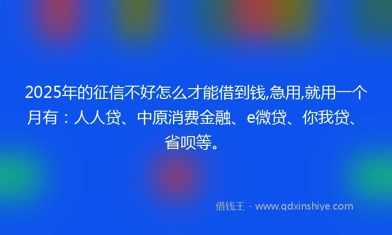2025年的征信不好怎么才能借到钱,急用,就用一个月有：人人贷、中原消费金融、e微贷、你我贷、省呗等。