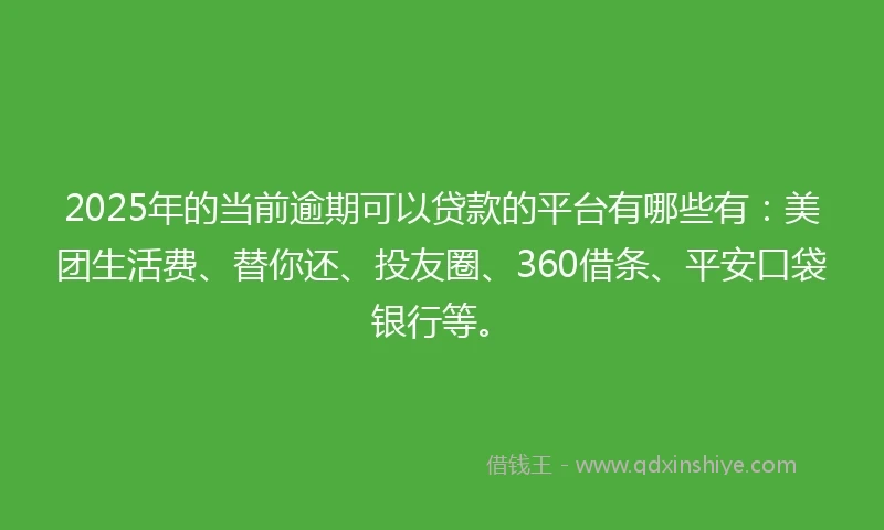 2025年的当前逾期可以贷款的平台有哪些有：美团生活费、替你还、投友圈、360借条、平安口袋银行等。