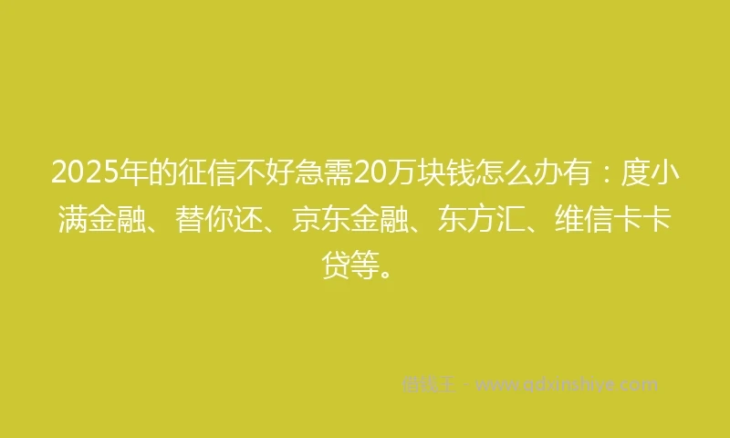 2025年的征信不好急需20万块钱怎么办有：度小满金融、替你还、京东金融、东方汇、维信卡卡贷等。
