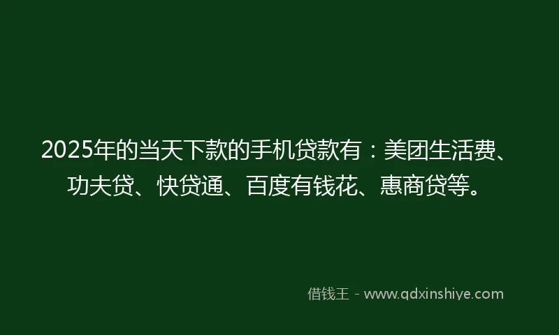 2025年的当天下款的手机贷款有：美团生活费、功夫贷、快贷通、百度有钱花、惠商贷等。