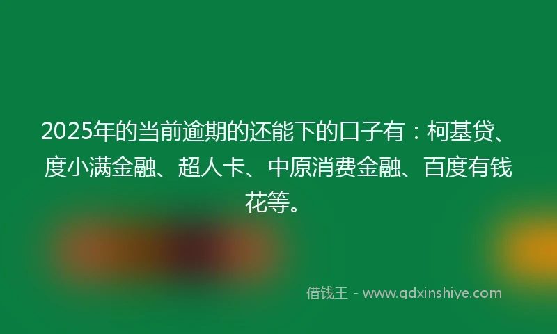 2025年的当前逾期的还能下的口子有：柯基贷、度小满金融、超人卡、中原消费金融、百度有钱花等。