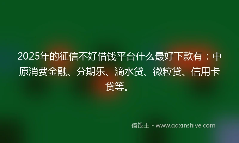 2025年的征信不好借钱平台什么最好下款有：中原消费金融、分期乐、滴水贷、微粒贷、信用卡贷等。