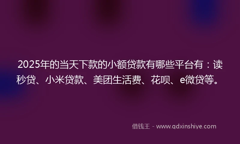 2025年的当天下款的小额贷款有哪些平台有：读秒贷、小米贷款、美团生活费、花呗、e微贷等。