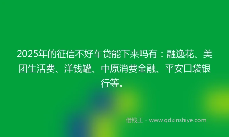 2025年的征信不好车贷能下来吗有：融逸花、美团生活费、洋钱罐、中原消费金融、平安口袋银行等。