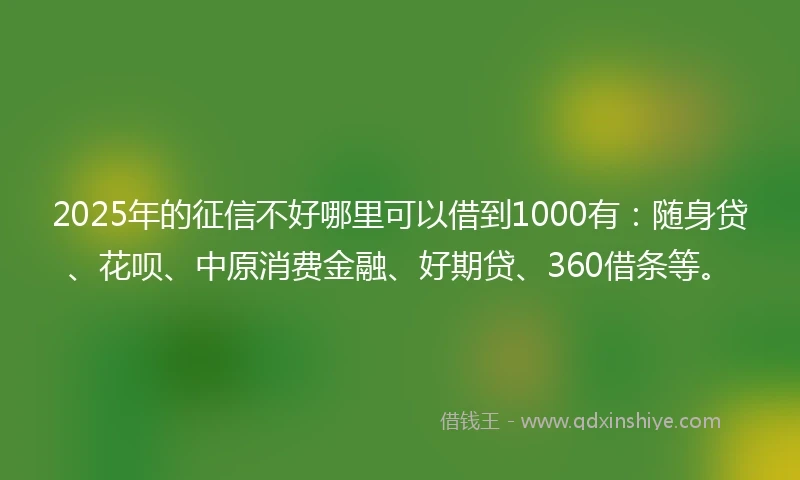 2025年的征信不好哪里可以借到1000有：随身贷、花呗、中原消费金融、好期贷、360借条等。