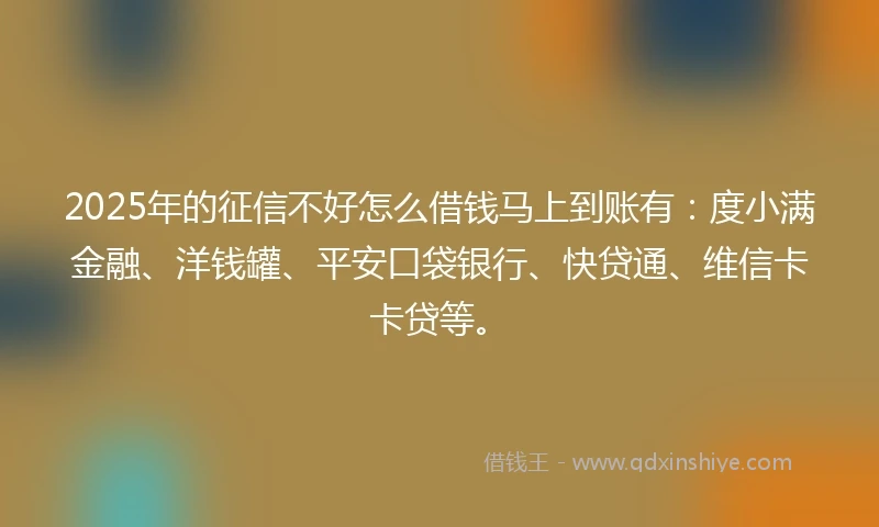 2025年的征信不好怎么借钱马上到账有：度小满金融、洋钱罐、平安口袋银行、快贷通、维信卡卡贷等。